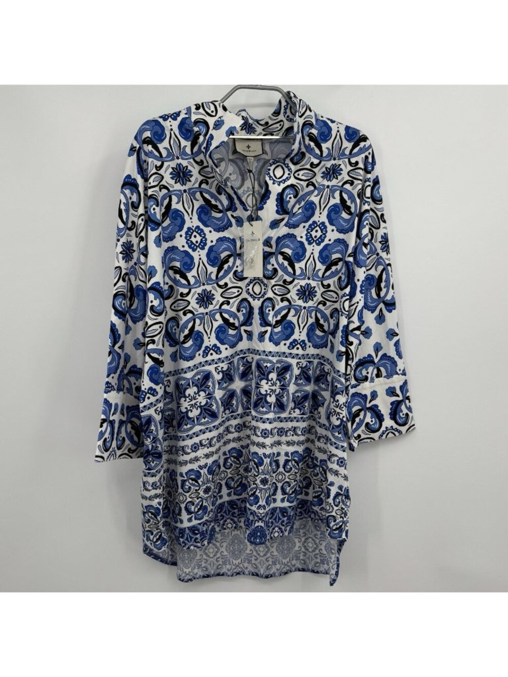 Tuckernuck Blue Majolica Tile Willow Tunic Blouse size XL Oversized Cotton Top *